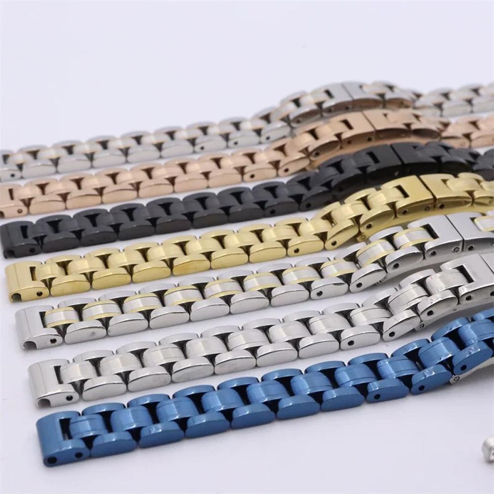 8mm/10mm Accesorios para Reloj Correa de Acero Pulsera para Mujer Correa de Acero Inoxidable Sólido Hebilla Plegable Cadena de Reloj Correa