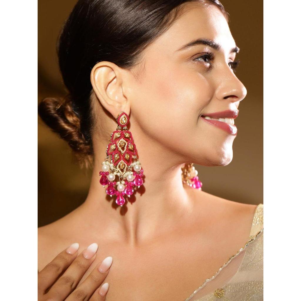 Long Chandelier Dangler Earrings Kundan & Pearl Traditional Ethnic Jewellery for Women & Girls