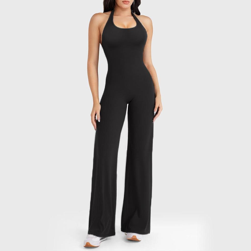 European Backless Wide-Leg Yoga Jumpsuit with Built-in Bra