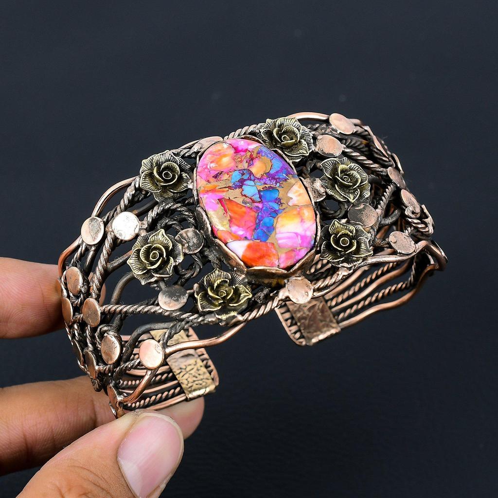 Pink Spiny Oyster Copper Turquoise Gemstone Pure Copper Wire Wrapped Handmade Cuff/Bangle Jewelry