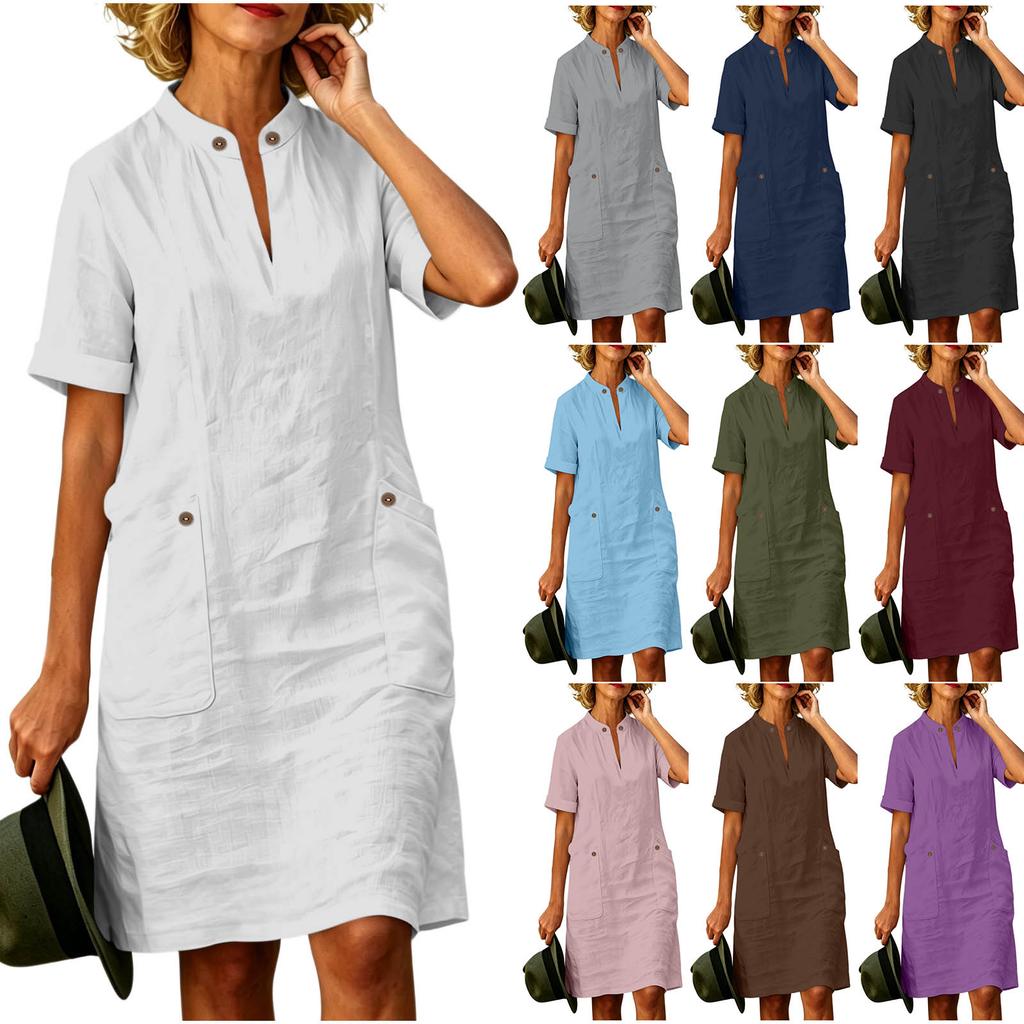 Women Short Sleeve V Neck Pocket Casual Loose Fit Dress Soft Fabric Design Comfortable Everyday Wear