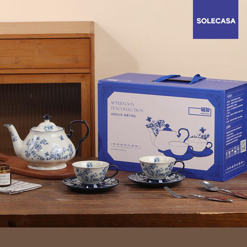 SOLECASA Ceramic Tea Set French Retro Afternoon Tea Cup & Saucer With Tea Pot Blue Porcelain Coffee Cup and Saucer Romantic Gift