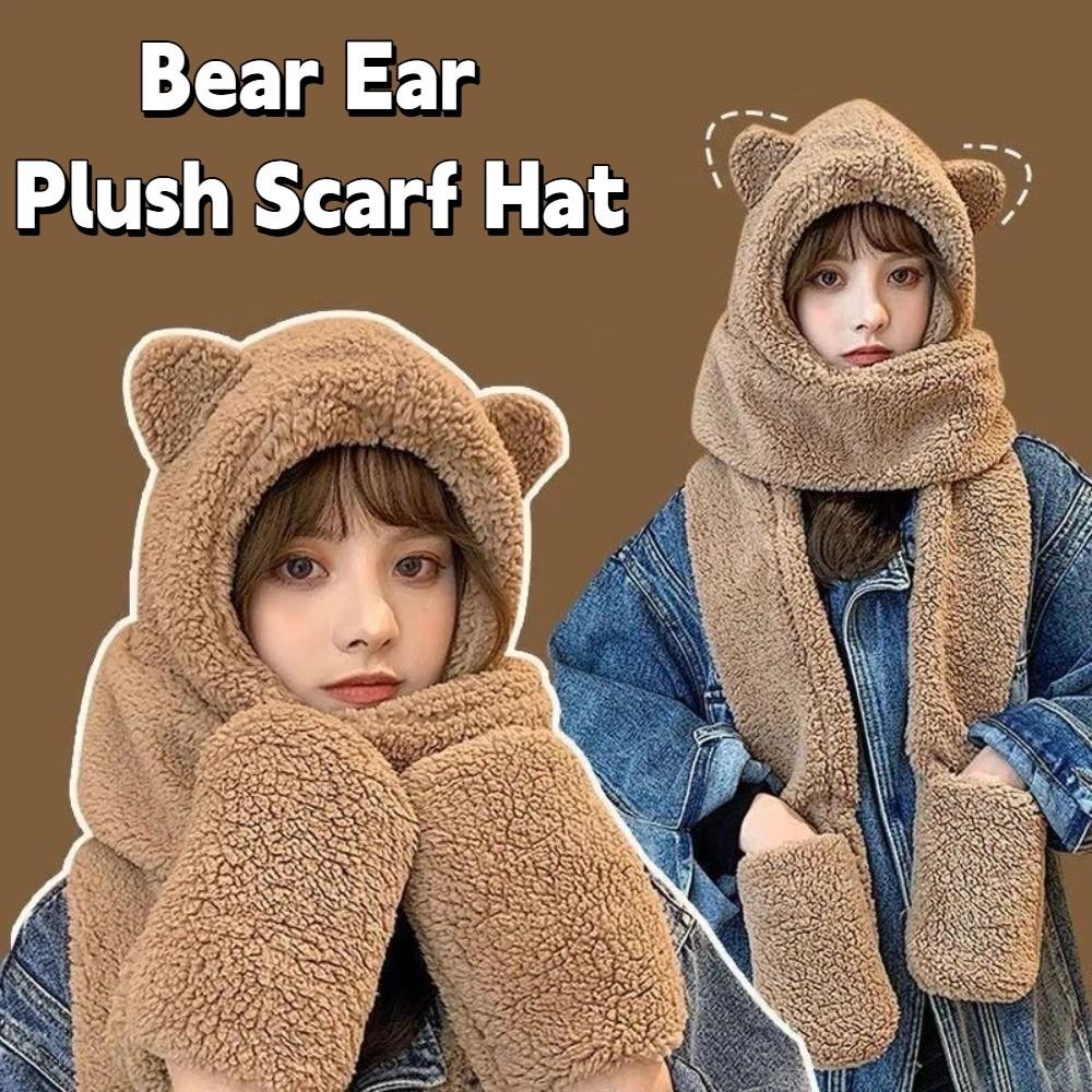 3 in 1 Bear Ear Plush Beanie Thickened Fleece Scarves Hat Unique Plush Scarf Hat Gloves Girl