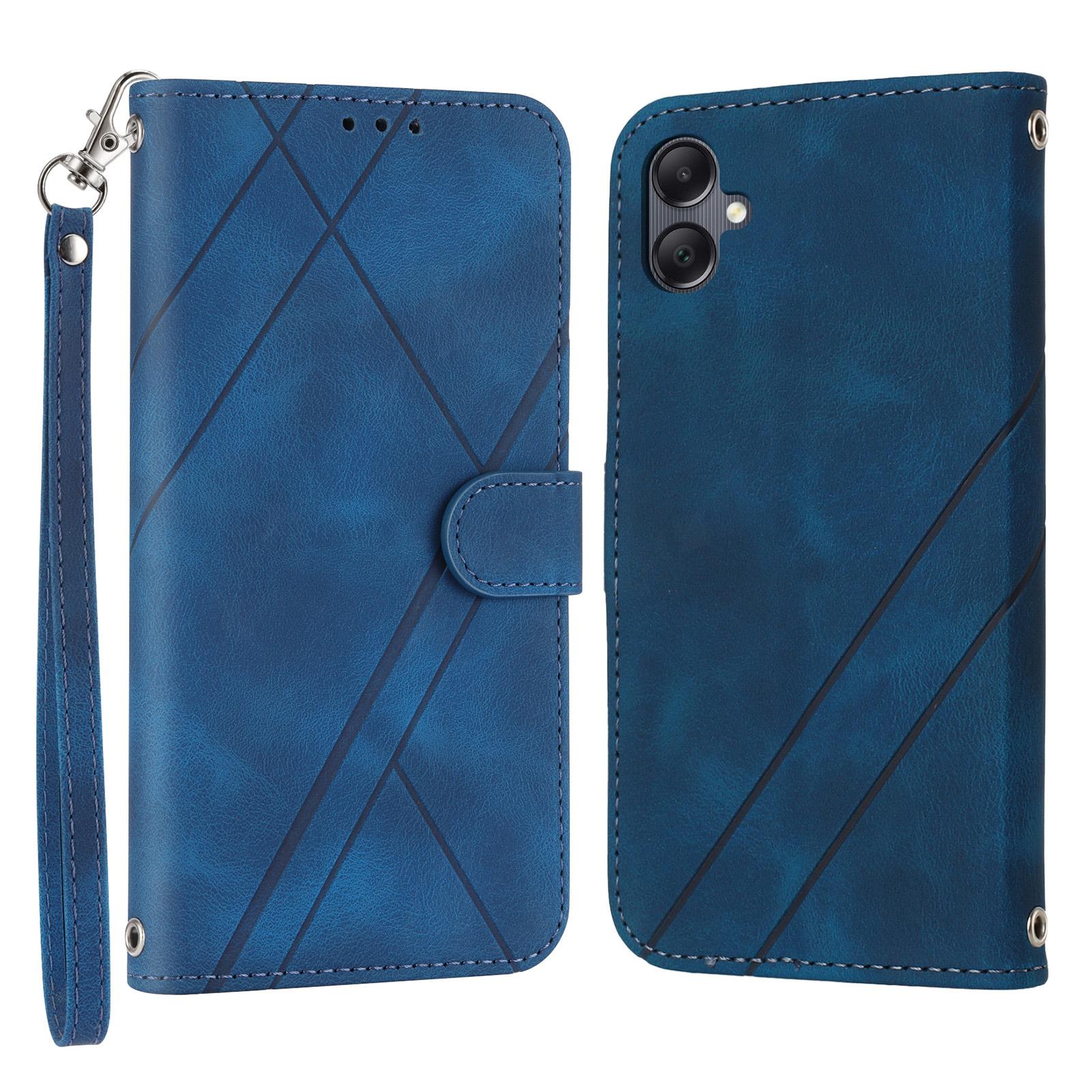 

For Samsung Galaxy A07/A06 4G/5G Case Imprinted Line Leather Phone Cover with Handy Strap Blue