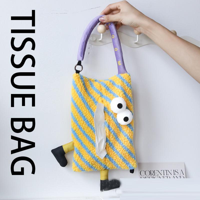 Tissue Box Holder for Car Creative Hanging Cartoon Berber Fleece Dolls Tissue Bag Multi-function Car Accessories Decoration