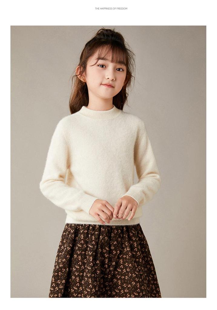 Pure Wool Sweater for Kids: Half-High Collar, Autumn/Winter Warm Knit, Unisex, Plain Color, Medium/Older Children