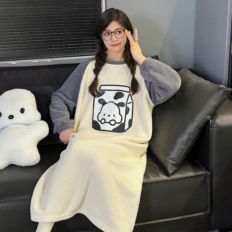 A Bao Xi Women's Plus Size Flannel Cartoon Nightgown - Winter Long Sleeve Pajamas