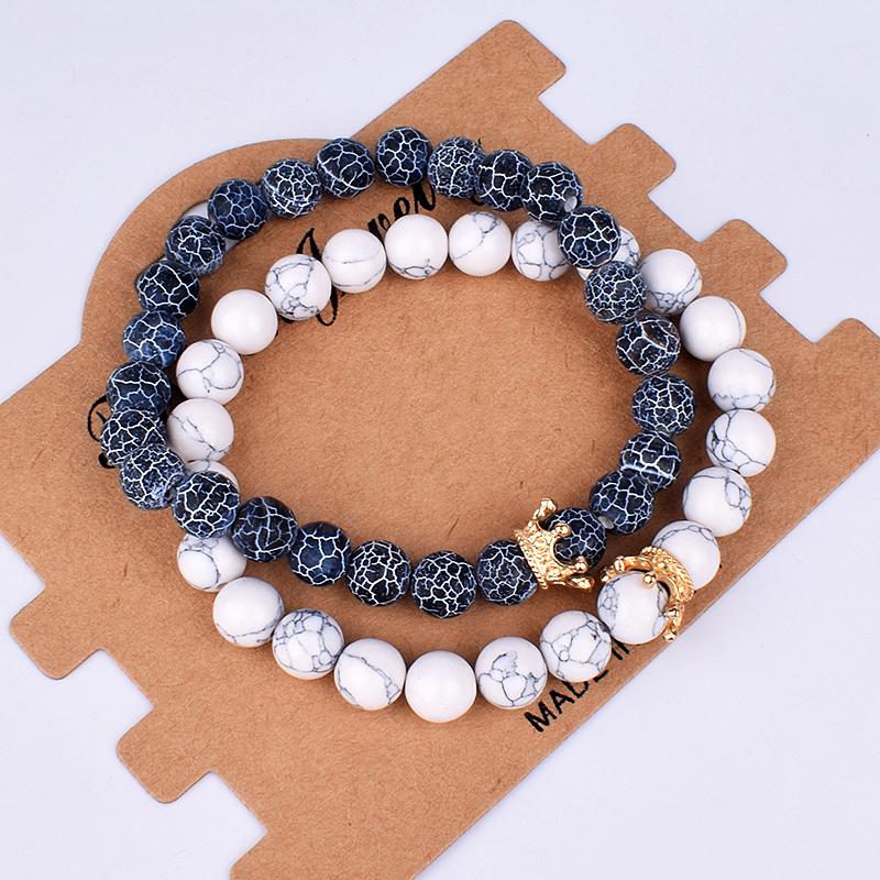 2pcs Charm Paired Bracelets Men Sets Crown Women's Bracelets Natural Stone Beads Wristband Couple Bracelet Gifts Friends Jewelry