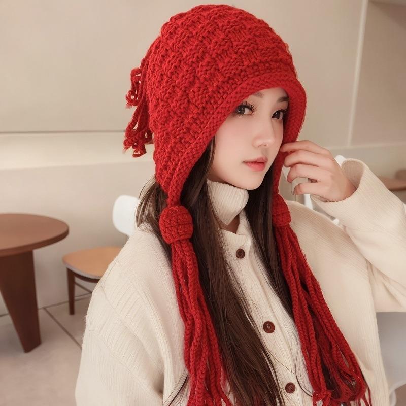 Winter Hat Women's New Niche Versatile Fringed Hand-knitted Pullover Wool Hat Ear Hat