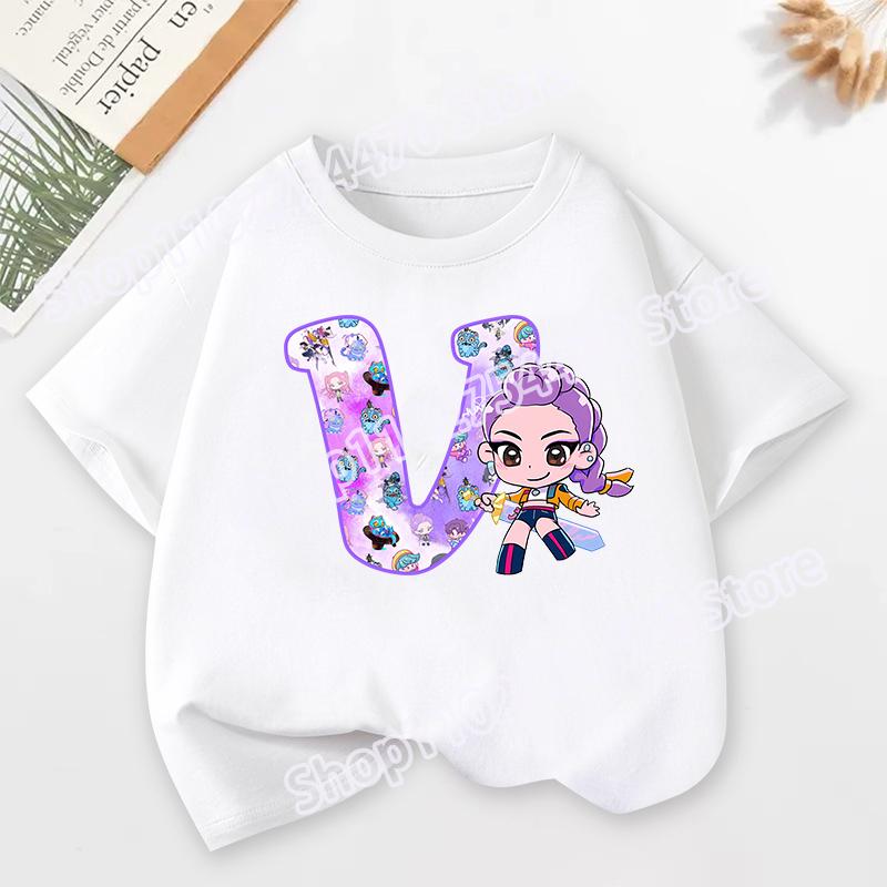 KPop Demon Hunters Child Short Sleeve T-shirt Cartoon Rumi Mira Zoey A-Z Print Cotton Tops Kawaii Summer Casual Tees Kids Gifts