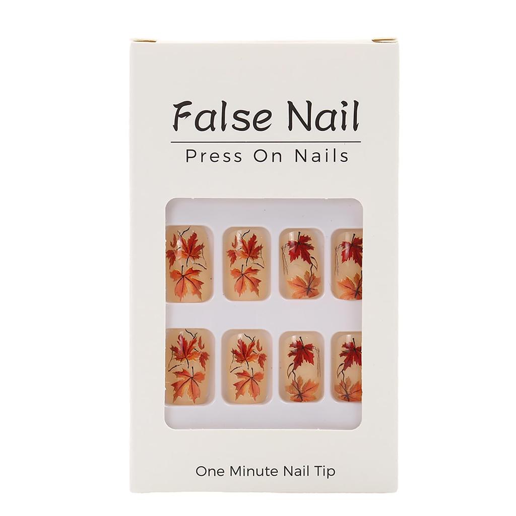 Thanksgving Day Press On Nails Square Medium Press On Nails Nude White Fall Nail Press Ons Full Cover False Nails With Maple Leaves Designs Acrylic