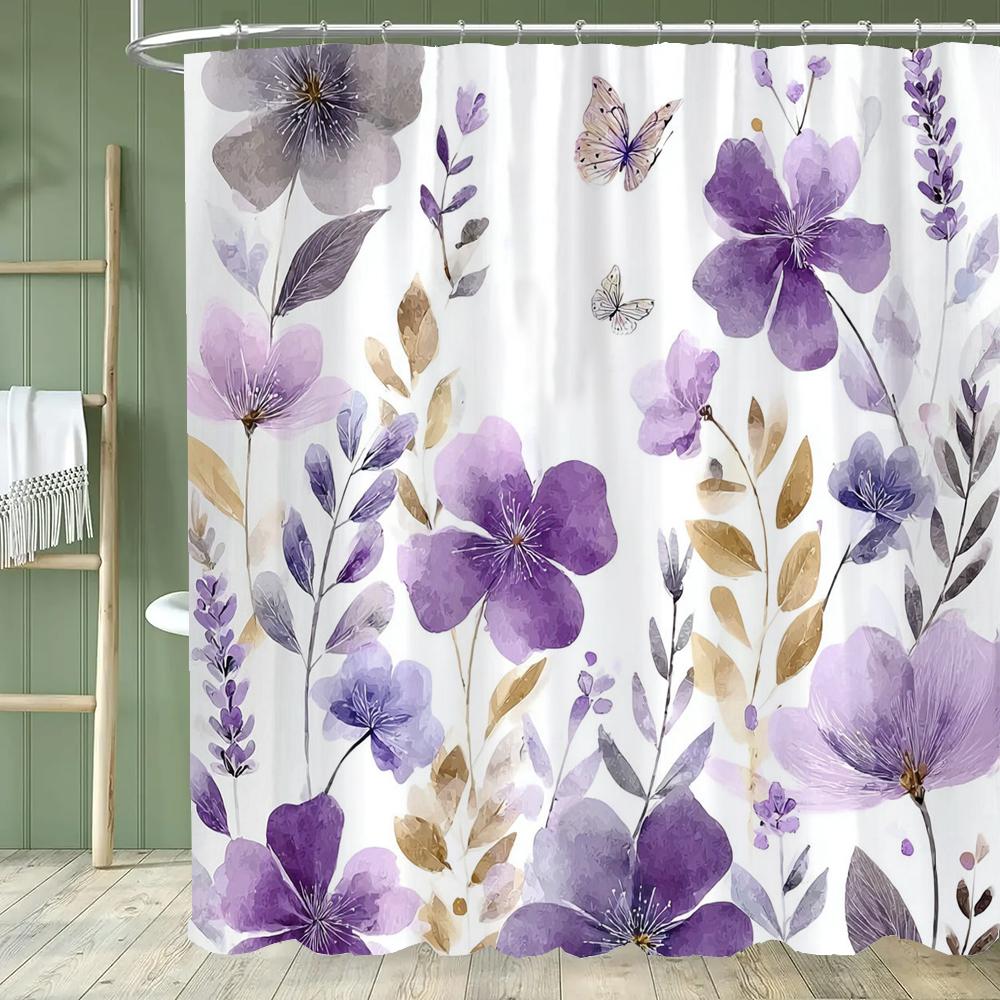 1PC Purple Flowers Shower Curtain,  Watercolor Floral and Plants Bathroom Decorative Curtain,Polyester Home Curtain with Hooks