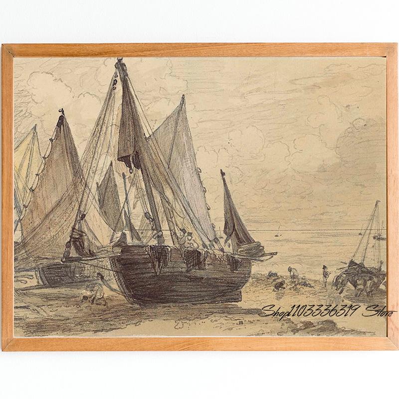 Vintage Ocean Calm Sea Boat Seascape Classic Sunrise Seascape Art Poster Canvas Painting Wall Print Picture for Room Home Decor