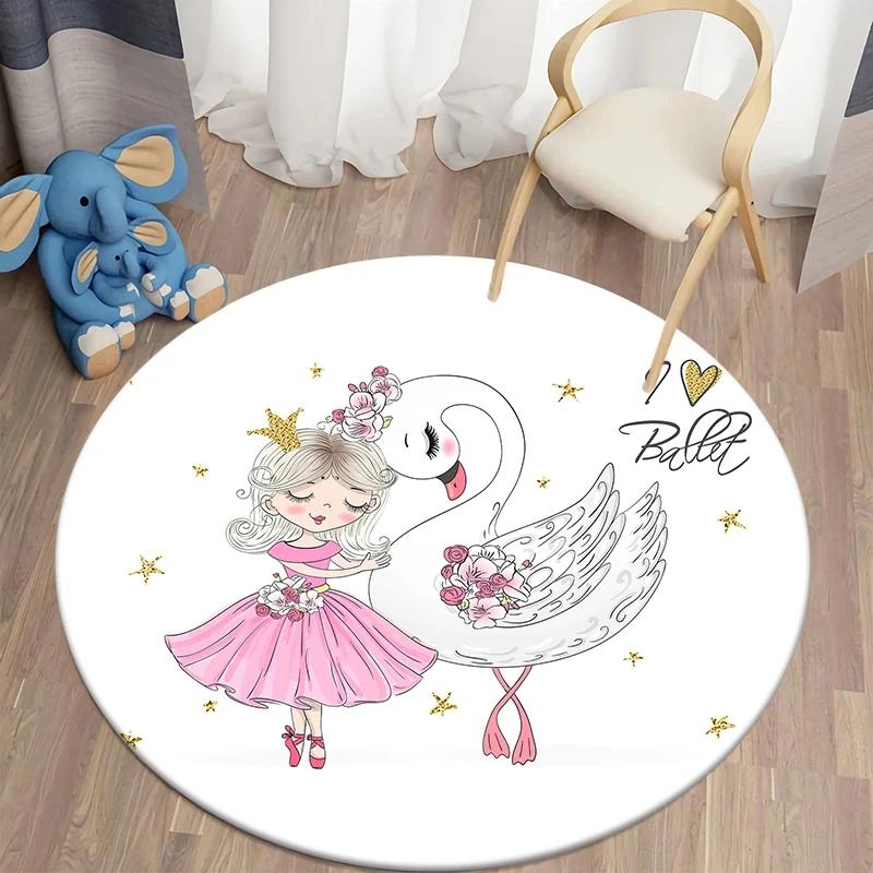 Ballet Dancer Girl Round Carpet Cute Cartoon Animal Fairy Print Area Rug For Bedroom Living Room Decor Non-Slip Play Floor Mat