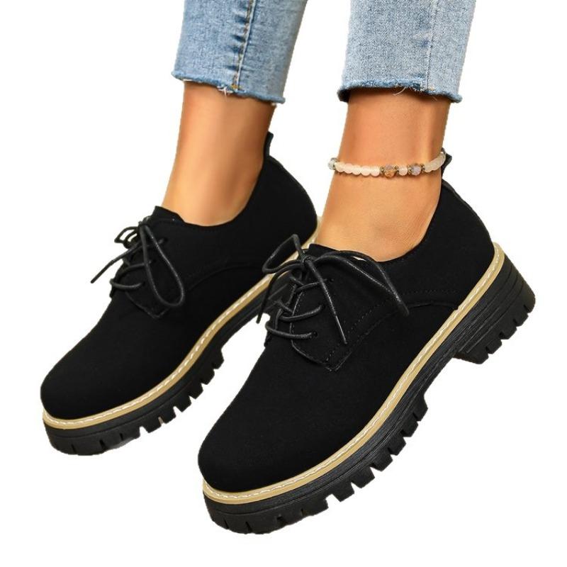 Women Plus Size Lace Up Mid Heel Loafers Round Toe British Style New Autumn Leather Shoes