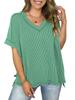 Women European Style V Neck Batwing Sleeve Spliced Slit Loose Pullover T Shirt