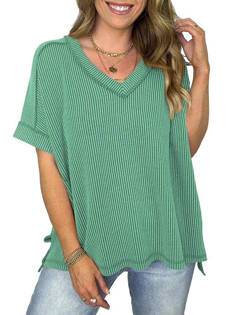 Women European Style V Neck Batwing Sleeve Spliced Slit Loose Pullover T Shirt