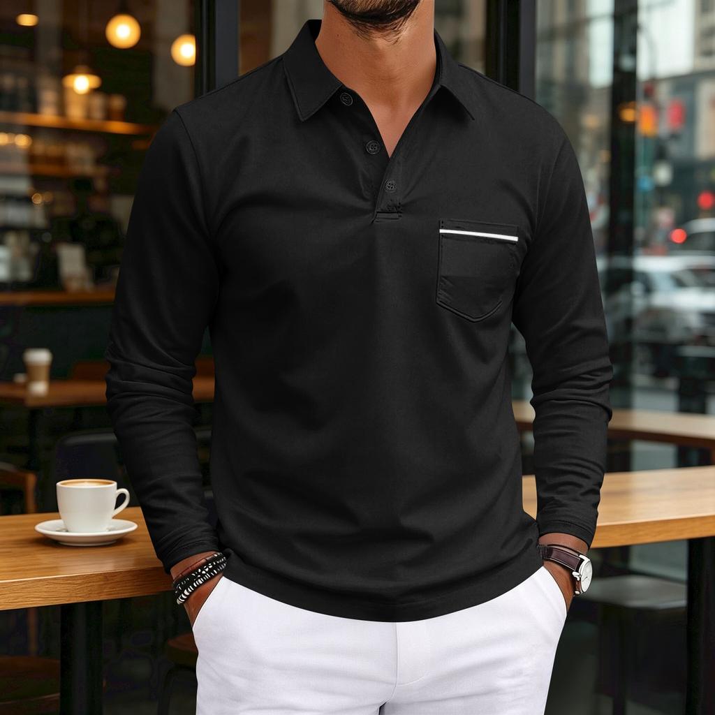 Men's Casual Long Sleeve V-Neck Button Front Shirt with Pocket