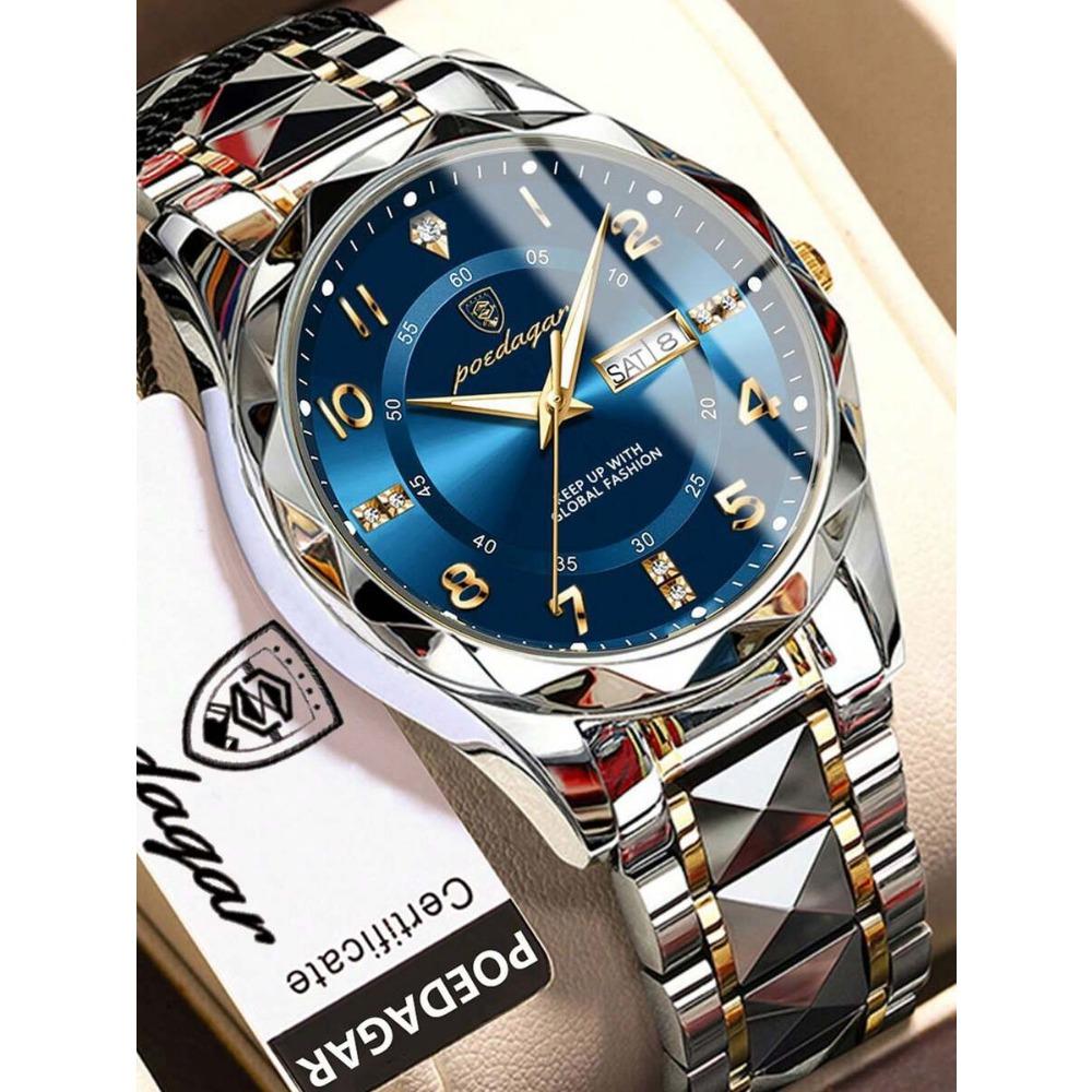 POEDAGAR Men's Stainless Steel Business Date Waterproof Luminous Quartz Watch,  Suitable For Work Occasion