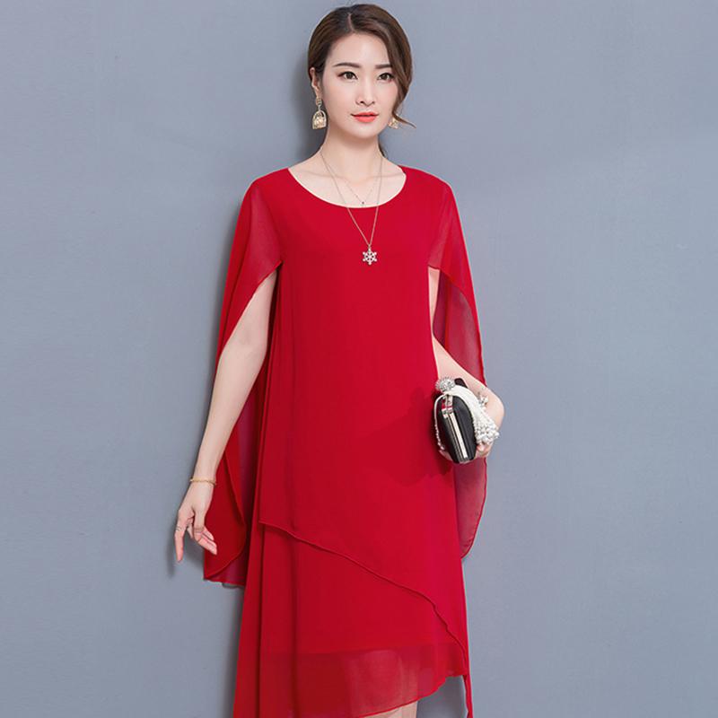 

L-XXXXXL Женское шифоновое платье Летний плащ Нестандартный круглый вырез Средняя длина Повседневная одежда XL красный