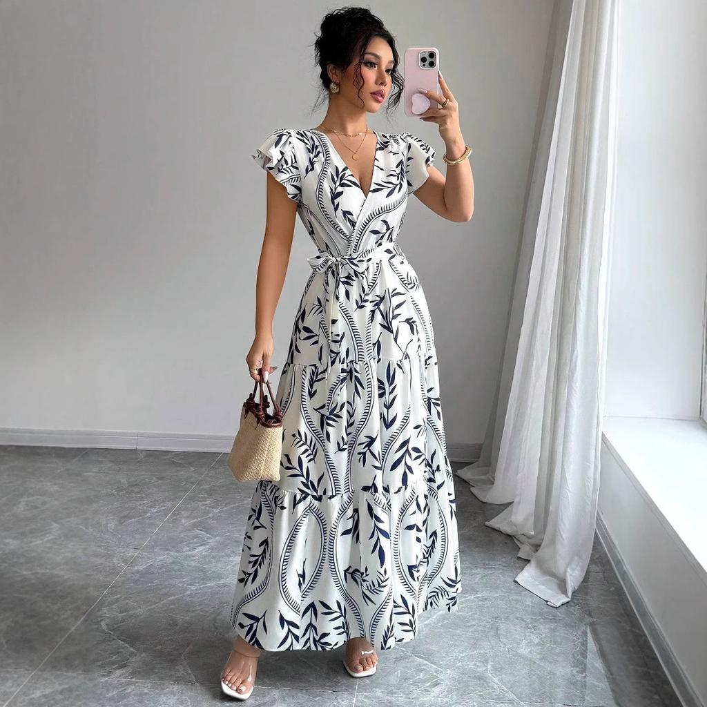Frühling Und Sommer Neues Bedrucktes Lotusblatt-Rand V-Ausschnitt Sexy Schlank Und Dünn Langes Kleid Kleid