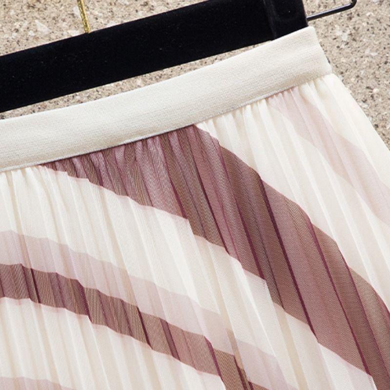 Summer Printed Mesh Pleated Skirt High Waist Slim Versatile Mid Length Half Length Skirt Wearing Women's Large Swing Skirt