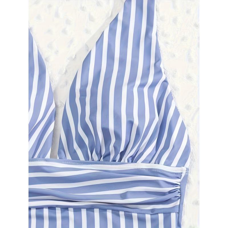 Deep V Neck Vertical Stripe One Piece Swimsuit Ruched High Wais Cut Bathing Suit