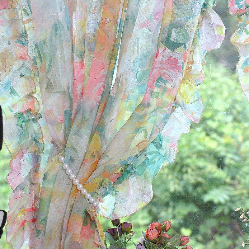Romantic Floral Sheer Curtains for Girls Bedroom, Vintage Printed Light Filtering Privacy Semi-Sheer Sweet Ruffle Edge Curtains 2 Panels, Rod Pocket