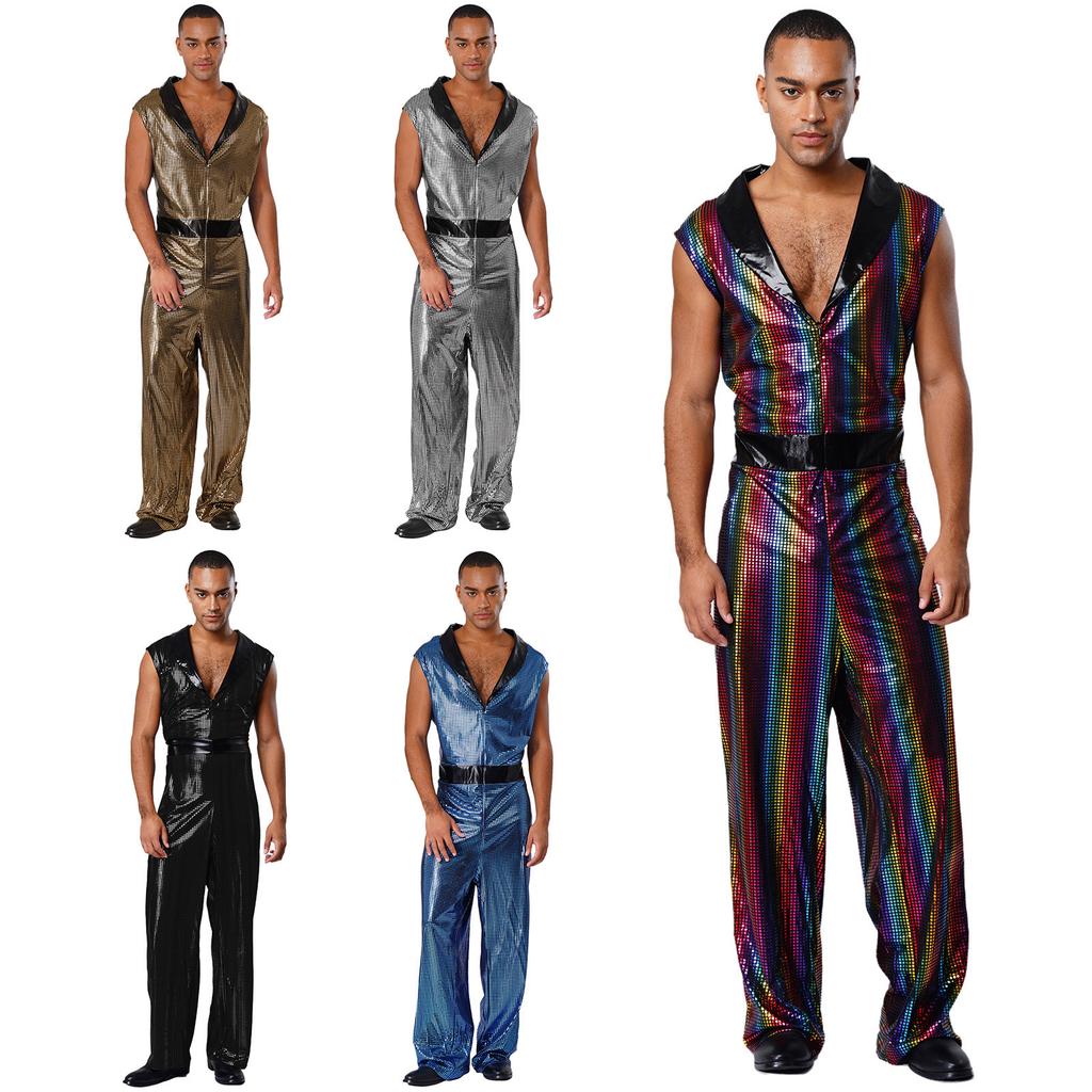 Retro 1920s Disco Outfit for Men M-3XL Metallic Shiny Plaid V Neck Lapel Sleeveless Wide Leg Jumpsuit for Club Rave Stage