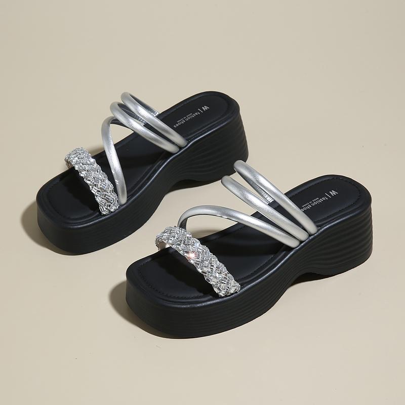 CRLAYDK Wedge Sandals for Women Comfortable Casual Walking Beach Rhinestone Slide Shoes Ladies Outdoor Indoor Platform Slippers