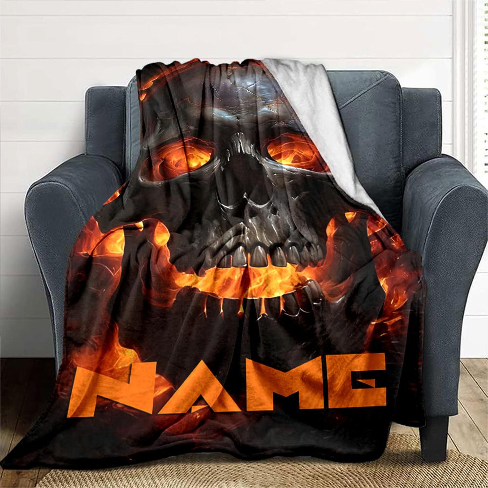 Fiery Skull Flames Throw Personalized Blanket Personalized Name Warmthful Decor For Sofa Couch Office Bed Picnics Four Seasons Multipurpose Digital