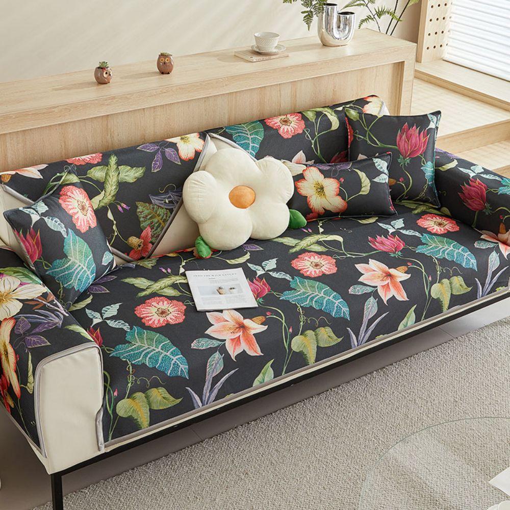 Summer Living Room Flower Print Anti-slip Furniture Protection Ice Silk Funda Sofa Cushion Cover Slipcover