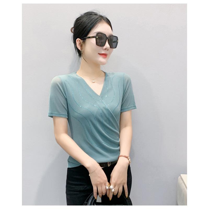 Womens V Neck Wrap Ruched Rhinestone Mesh Short Sleeve Casual Blouse
