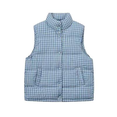 Blauer karierter Baumwollmantel Neuer Stil Weste für Damen Herbst und Winter Locker Lässig Warm Weste Ärmelloser verdickter Mantel