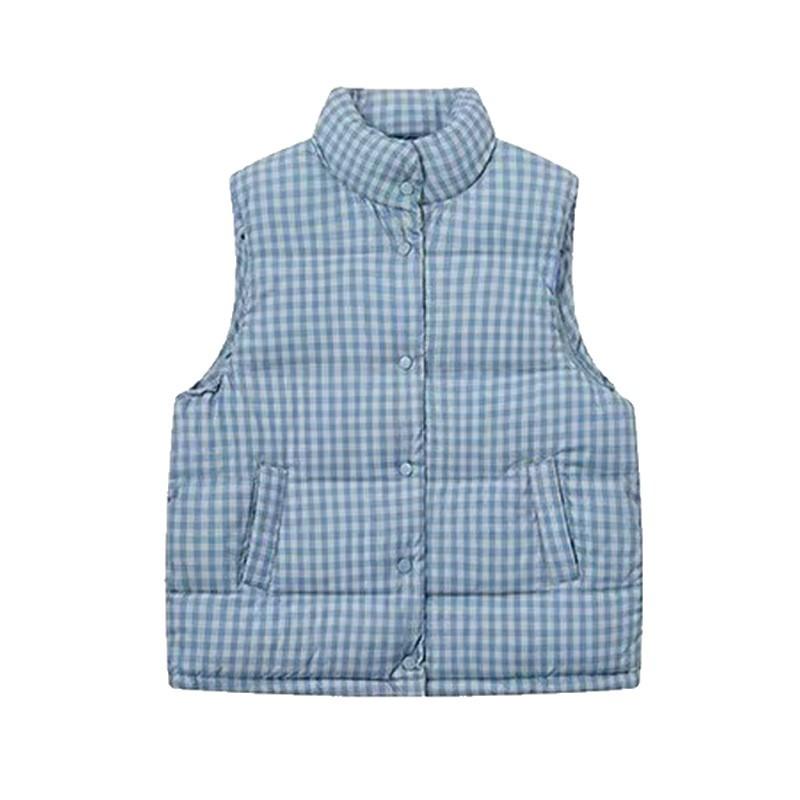 Blue Plaid Cotton Coat New Style Vest for Women Autumn and Winter Loose Casual Warm Waistcoat Sleeveless Thickened Coat