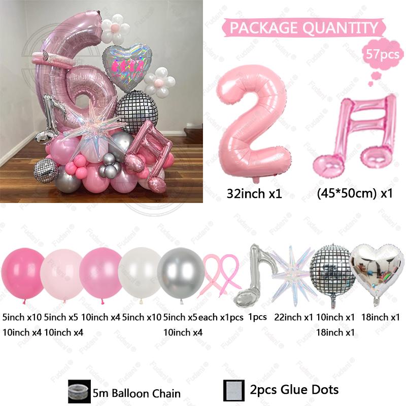57pcs Slivery Heart Disco Balloon Silver Number Birthday Balloon Set Pink Music Note Children Adult Festive Party Decorations