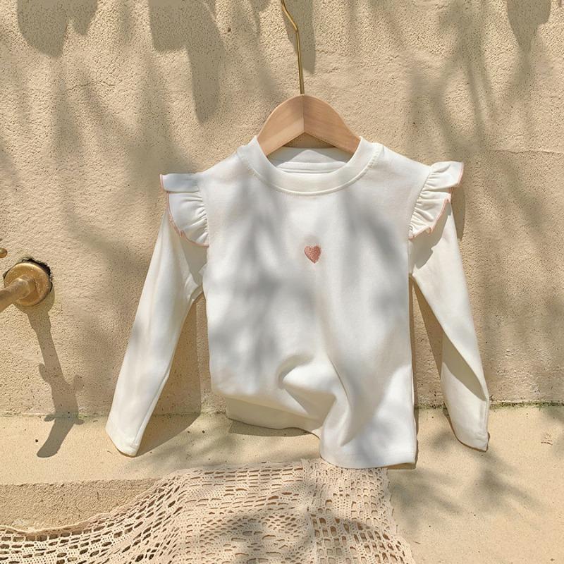 Spring and Autumn Girls'  Cotton Base Shirt Love Embroidered Long Sleeve T-Shirt Clothes