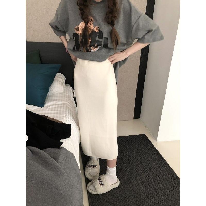 Cashmere Pink Knitted Skirt with High Waisted Slit Winter Sweater Mid-length One-step Skirt with Hip Skirt Gentle Style