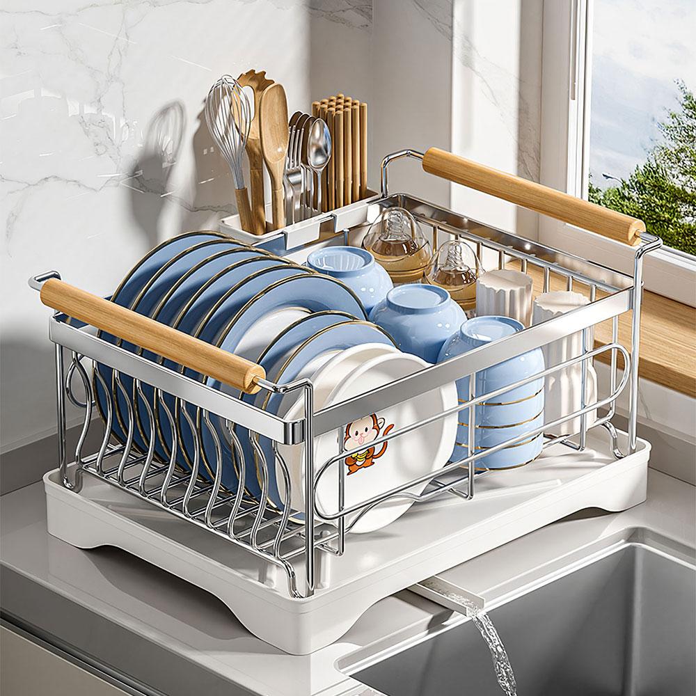 304 Stainless Steel Dish Rack with Swivel Spout & Wooden Handle, Space-Saving Rack for Drying Plates, Cups & Utensils