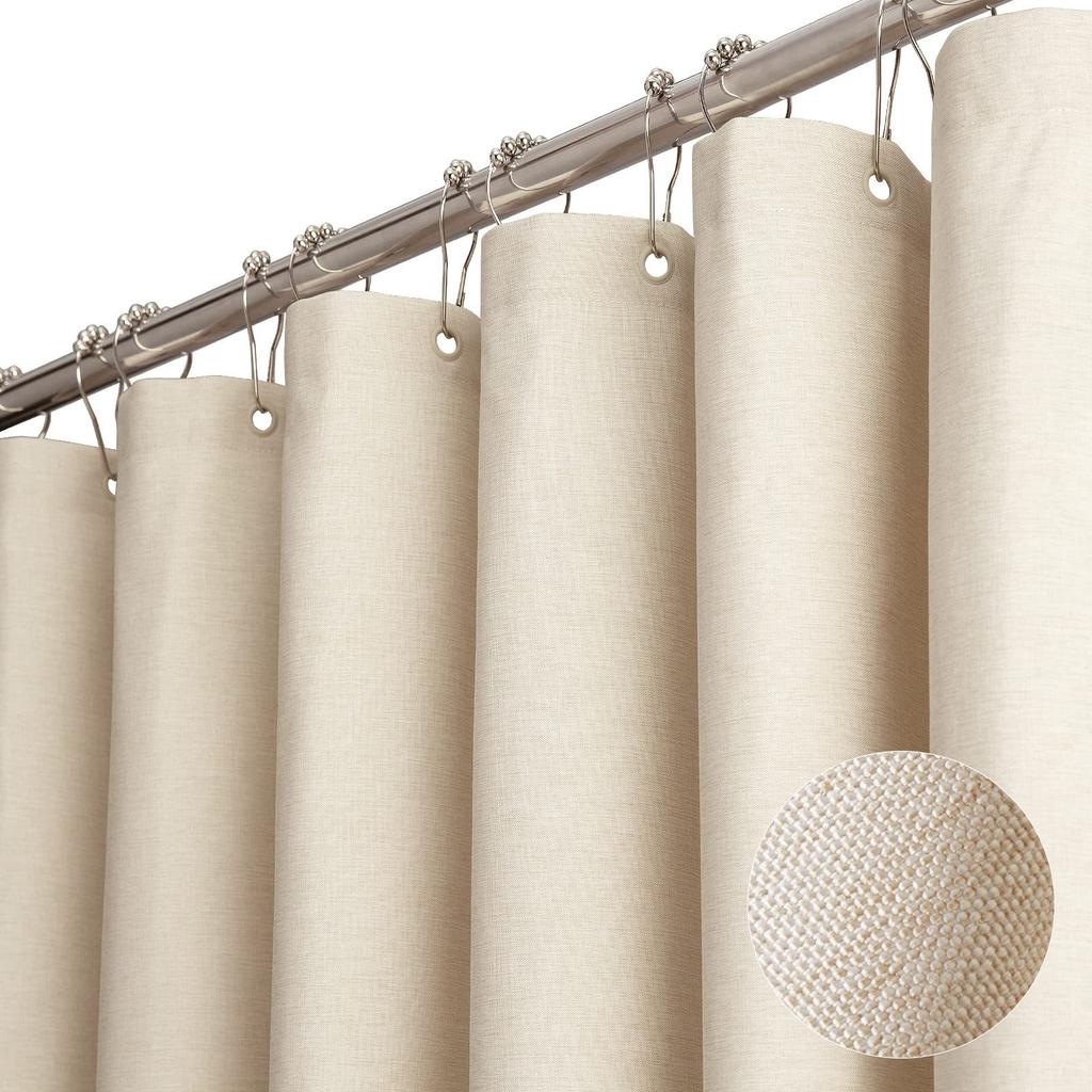 Linen Look Shower Curtain - Thick & Waterproof Bathroom Fabric with Plastic Hooks