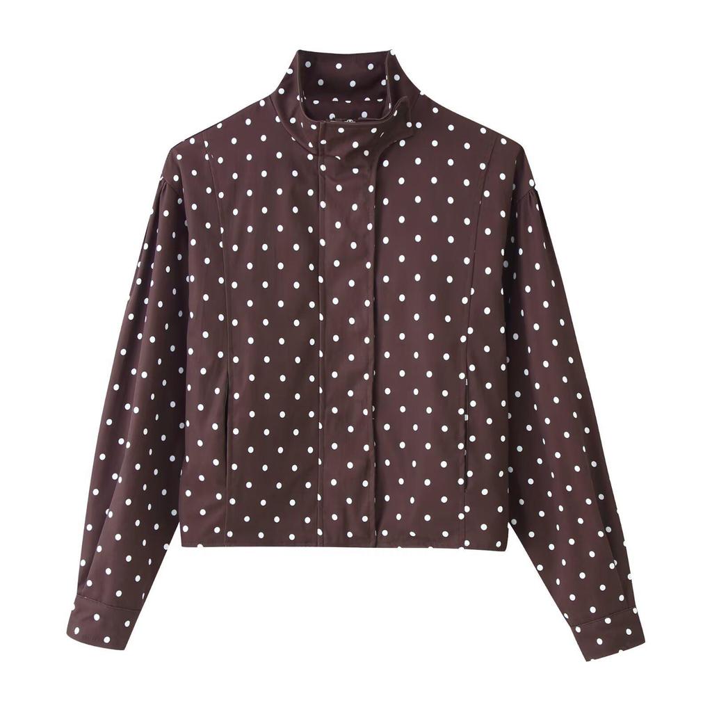 European & American Women's Polka Dot Print Stand Collar Long Sleeve Workwear Jacket