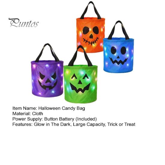 Outdoor Night Safety Props LED Light Up Halloween Bucket, Glow In The Dark Trick or Treat Candy Collapsible Decorative Pails Bag with Handle, Reusable