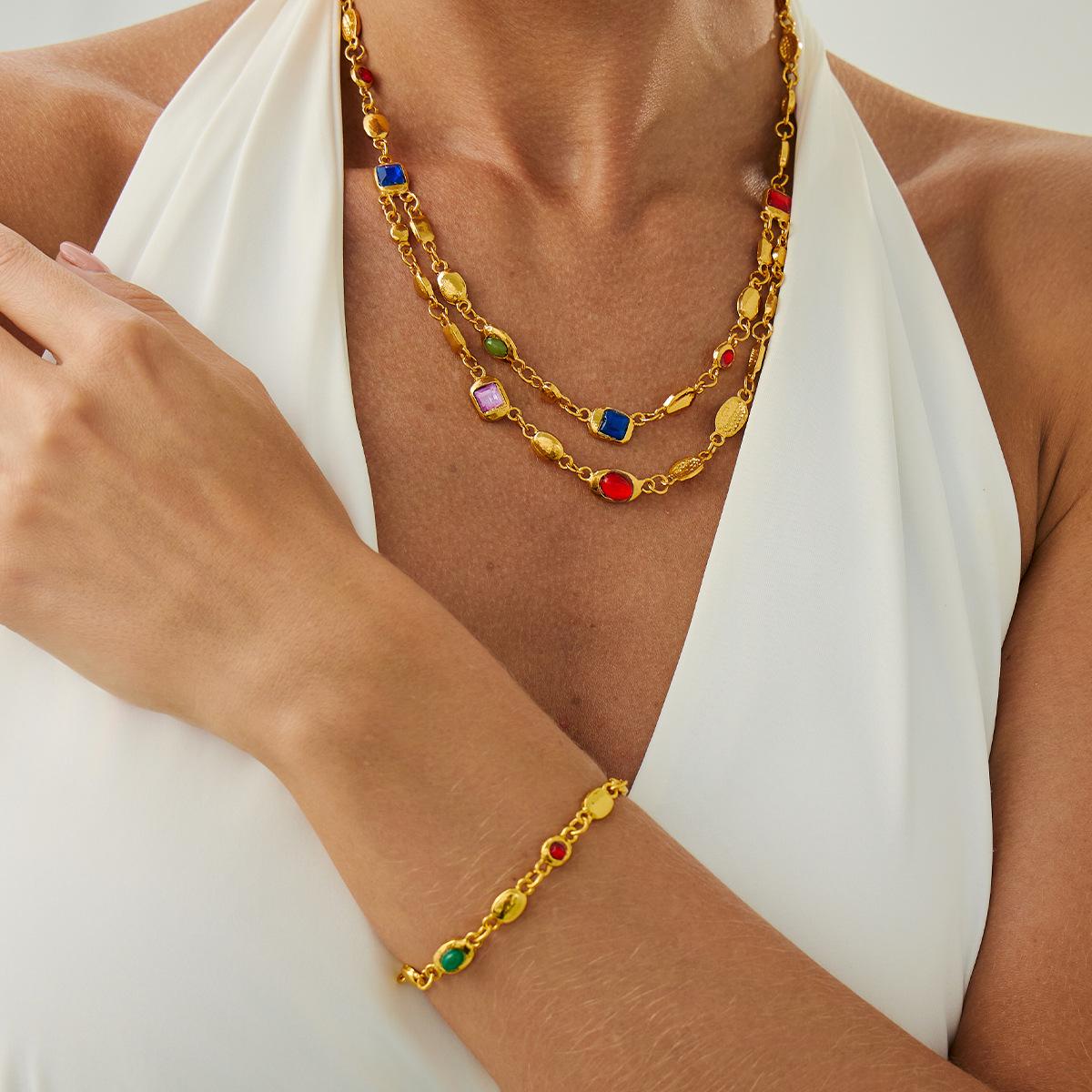 

Boho Colorful Crystal Double Layer Necklace Bracelet for Women Vintage Long Tassel Imitation Turquoise Sparkling Collarbone Chain New Body Jewelry Set