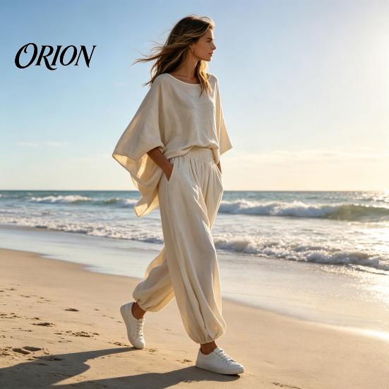 Loose Fit Women Set Women's 2 Piece Sets, Crew Neck Batwing Sleeve Top Two-piece And Lantern Pants Summer Travel Vacation Outfits with Pockets Suit