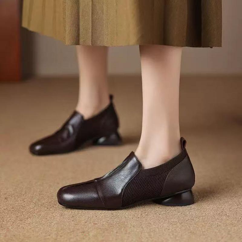 2025 New Fashion French Vintage Brown Square Toe Single Shoes Women's Deep Mouth British Low Heel Shoes