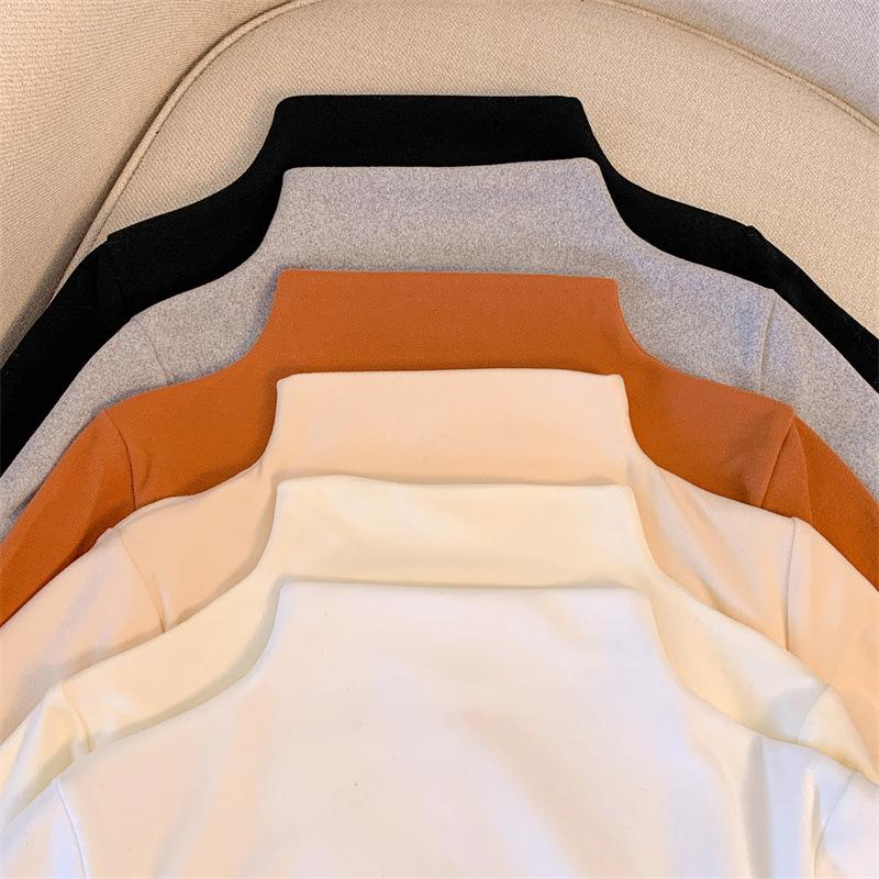 T-shirt à col roulé à manches longues ajusté en velours Renard Argenté - Haut chaud de couleur unie pour femme Automne/Hiver