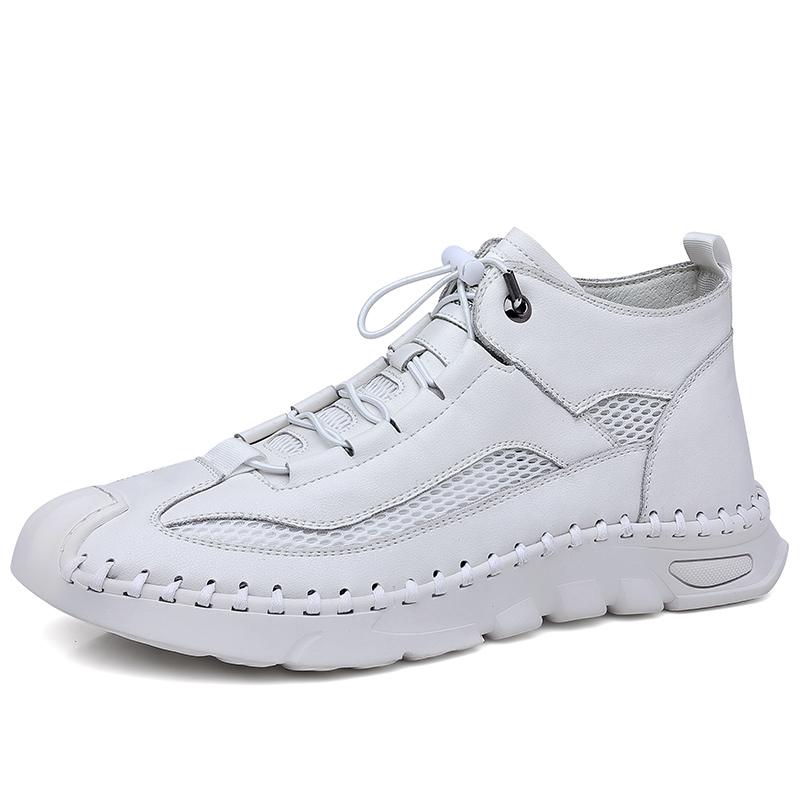 High Top Shoes Men's Thick Soled Casual Shoes Breathable Hollow Mesh Shoes Handmade Soft Soled Men's Genuine Leather Shoes