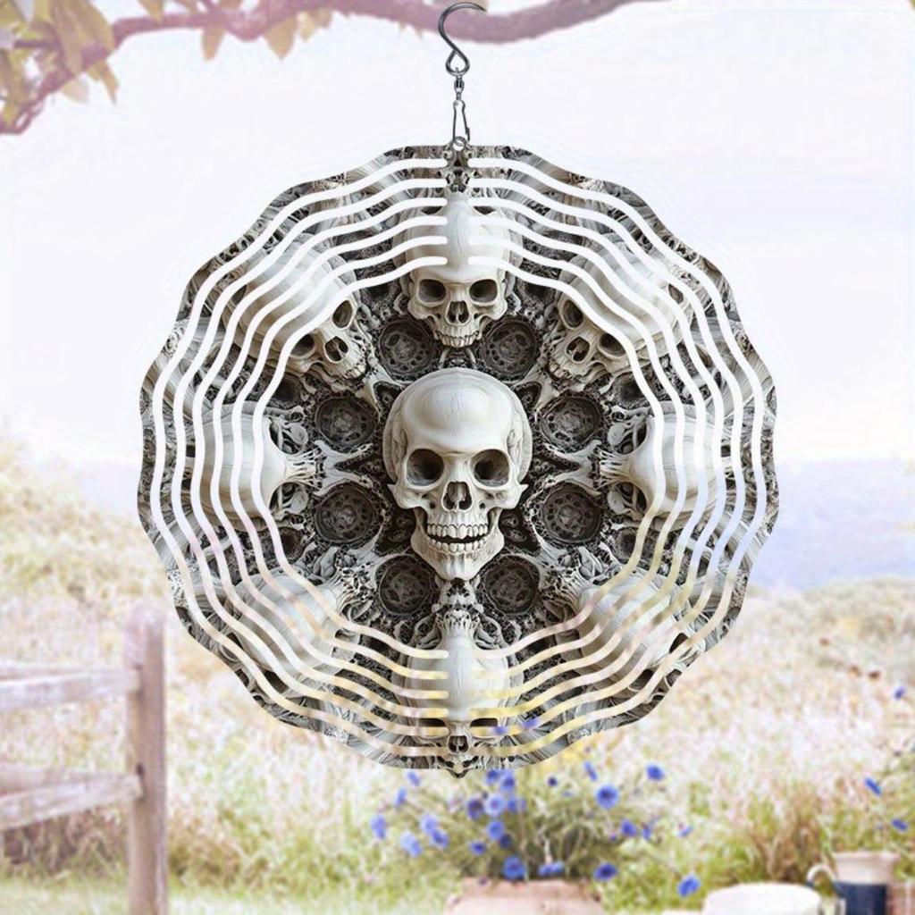 Large 3D Metal Skull Wind Chime – Artistic Kinetic Garden Decor with Swirl Design, Reflective Outdoor Ornament for Patioeco