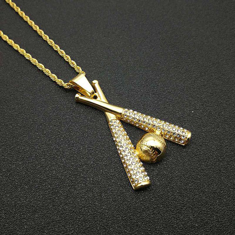 Gold-Plated Titanium Steel Diamond Baseball Pendant Necklace