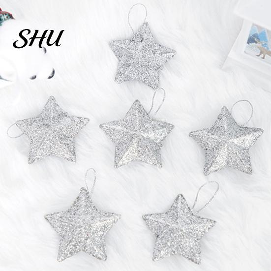 Christmas Hanging Ornament 6Pcs Sparkling 3D Star Shape Pendant with Lanyard Glitter Tree DIY Craft Party Decor